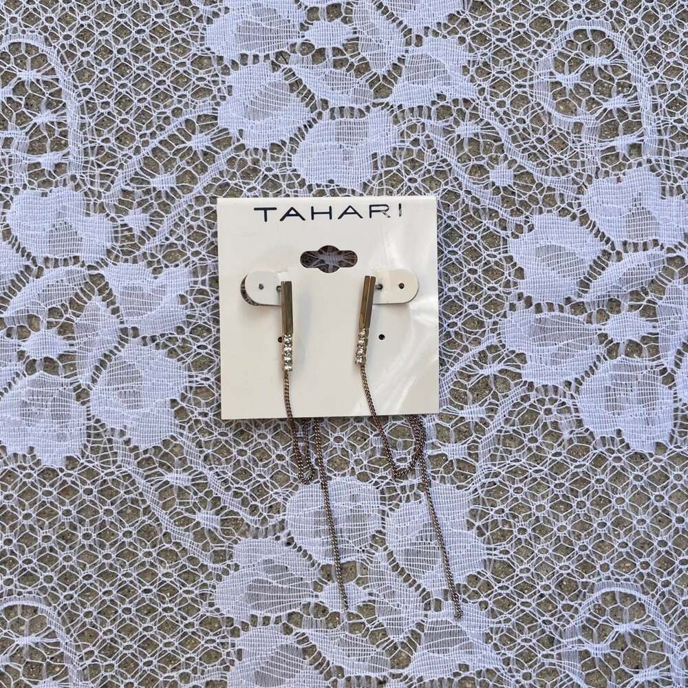 Tahari Gold Tone Chain Drop Earrings with Rhinestone Accents